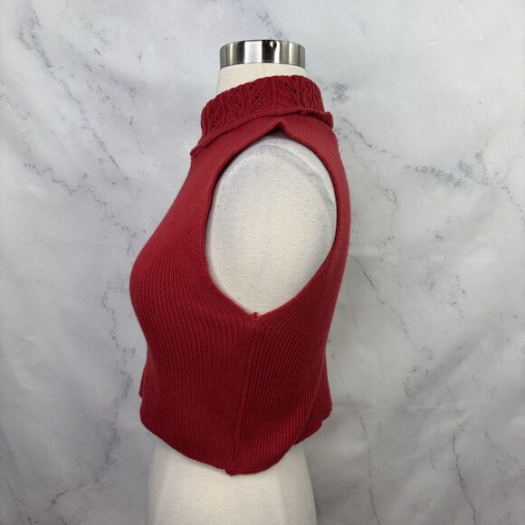 Vtg y2k Ribbed Knit Red Cropped Turtleneck Sweater Sleeveless Crochet S Retro - Picture 9 of 14
